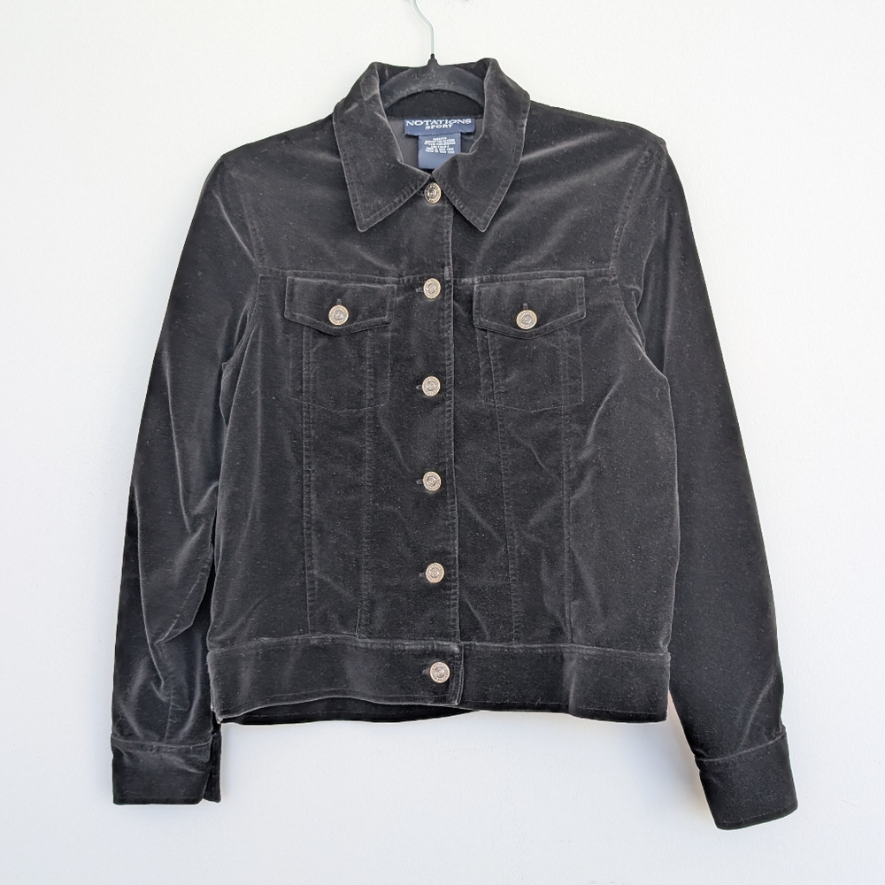 Vintage Brushed Cotton Velvety Two Pocket Black Cropped Jacket Sz S Notations